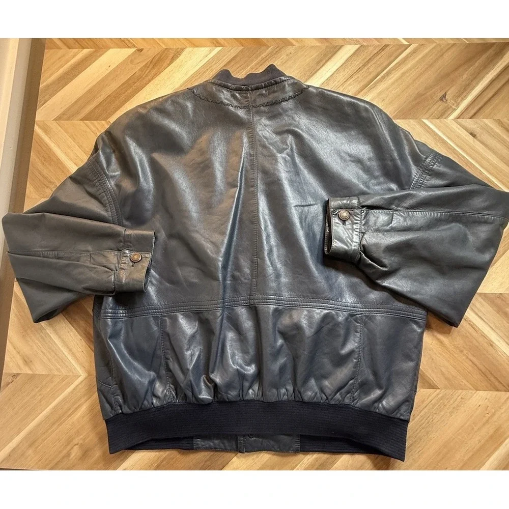 VTG Moreschi Italy LambSkin Navy‎ Bomber Jacket Men XL Embroidered Details Moto